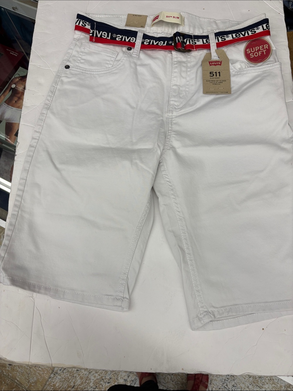 Levi's White Men's 511 Shorts with Branded Navy & Red Waistband